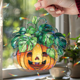 Pumpkin Monstera Acrylic Suncatcher, Stained Glass Style Jack O’Lantern with Green Leaves Window Hanging